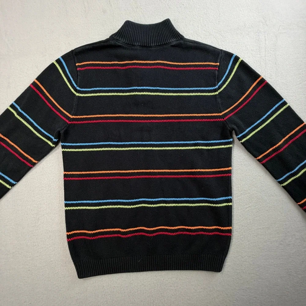 Vintage Talbots Kids Sweater Boys 12 Black Rainbow Stripe Quarter Zip Cotton
